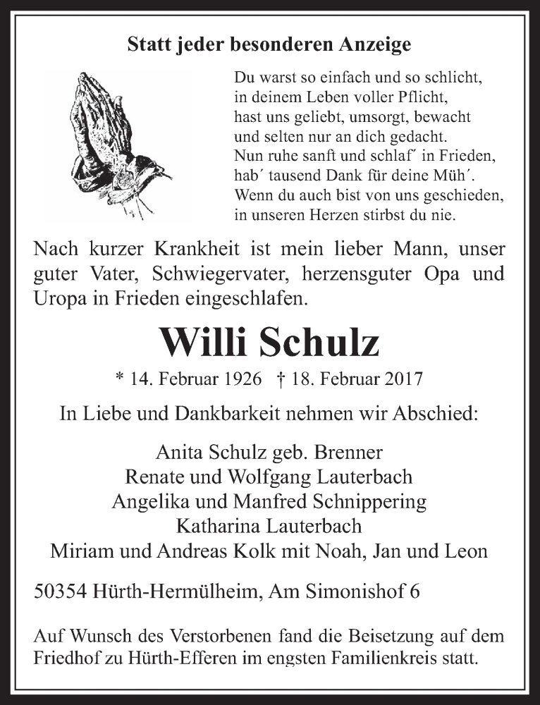  Traueranzeige für Willi Schulz vom 01.03.2017 aus  Wochenende 
