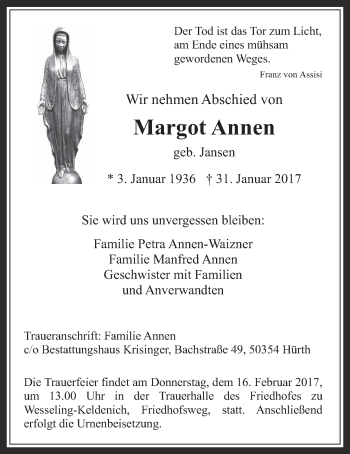 Anzeige von Margot Annen von  Schlossbote/Werbekurier 