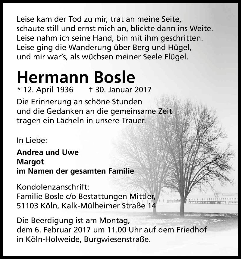  Traueranzeige für Hermann Bosle vom 02.02.2017 aus Kölner Stadt-Anzeiger / Kölnische Rundschau / Express