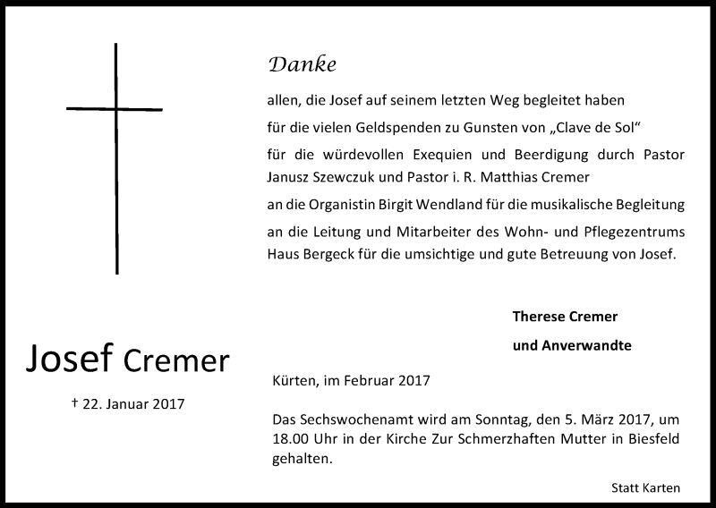  Traueranzeige für Josef Cremer vom 25.02.2017 aus Kölner Stadt-Anzeiger / Kölnische Rundschau / Express