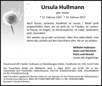 Anzeige von Ursula Hullmann von Kölner Stadt-Anzeiger / Kölnische Rundschau / Express