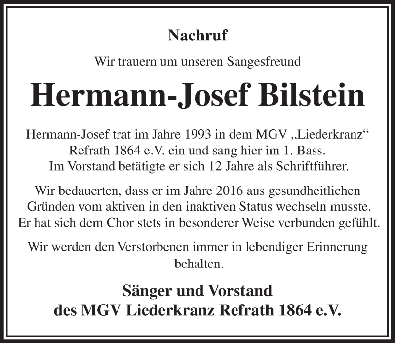  Traueranzeige für Hermann-Josef Bilstein vom 08.02.2017 aus  Bergisches Handelsblatt 