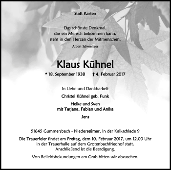Anzeige von Klaus Kühnel von Kölner Stadt-Anzeiger / Kölnische Rundschau / Express