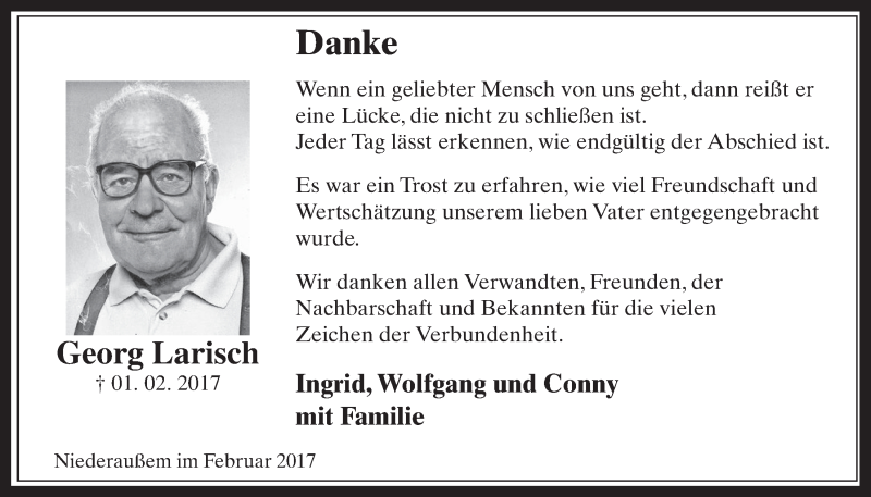  Traueranzeige für Georg Larisch vom 01.03.2017 aus  Werbepost 