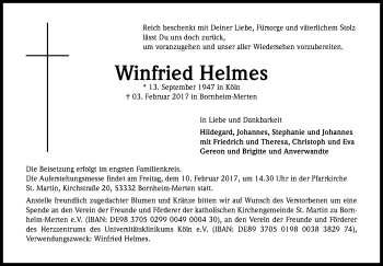 Anzeige von Winfried Helmes von Kölner Stadt-Anzeiger / Kölnische Rundschau / Express