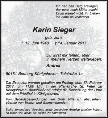 Anzeige von Karin Sieger von  Sonntags-Post 