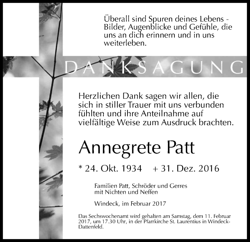  Traueranzeige für Annegrete Patt vom 04.02.2017 aus Kölner Stadt-Anzeiger / Kölnische Rundschau / Express