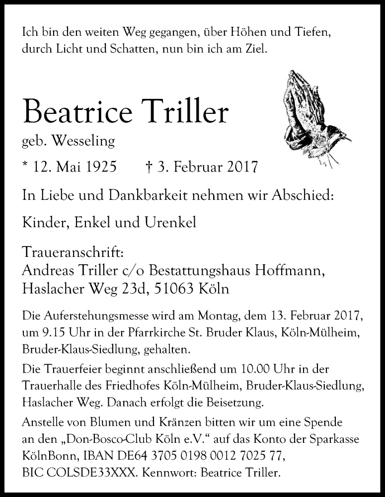  Traueranzeige für Beatrice Triller vom 08.02.2017 aus Kölner Stadt-Anzeiger / Kölnische Rundschau / Express