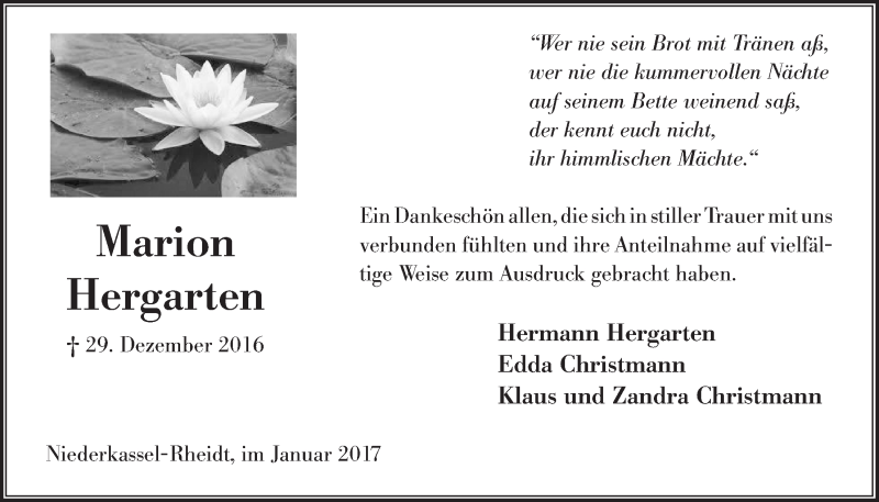  Traueranzeige für Marion Hergarten vom 15.02.2017 aus  Extra Blatt 
