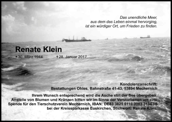 Anzeige von Renate Klein von Kölner Stadt-Anzeiger / Kölnische Rundschau / Express