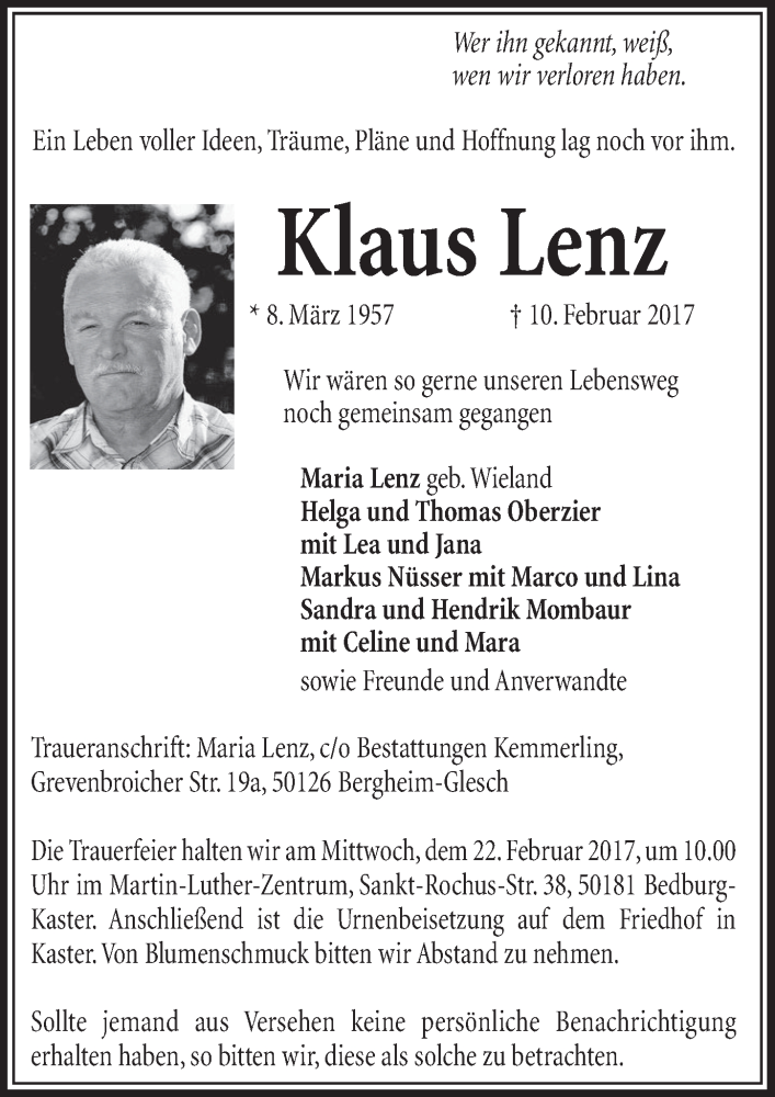  Traueranzeige für Klaus Lenz vom 18.02.2017 aus  Sonntags-Post 