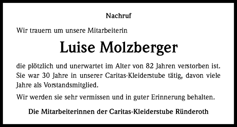  Traueranzeige für Luise Molzberger vom 11.02.2017 aus Kölner Stadt-Anzeiger / Kölnische Rundschau / Express