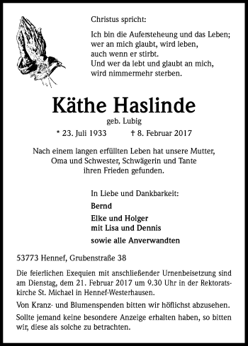 Anzeige von Käthe Haslinde von Kölner Stadt-Anzeiger / Kölnische Rundschau / Express