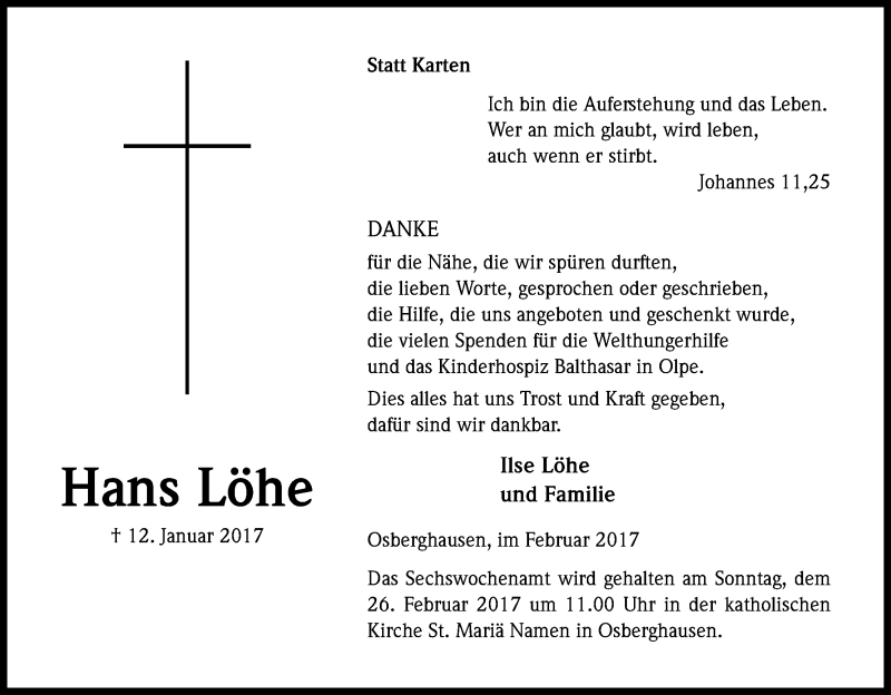  Traueranzeige für Hans Löhe vom 18.02.2017 aus Kölner Stadt-Anzeiger / Kölnische Rundschau / Express