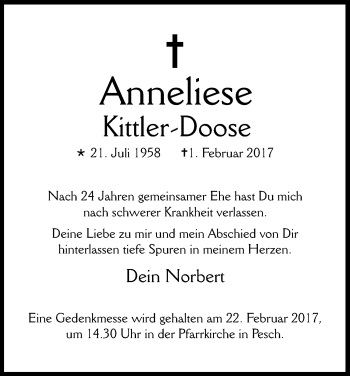 Anzeige von Anneliese Kittler-Doose von Kölner Stadt-Anzeiger / Kölnische Rundschau / Express