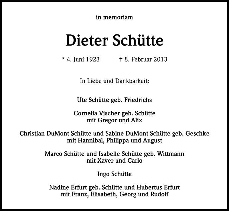  Traueranzeige für Dieter Schütte vom 08.02.2017 aus Kölner Stadt-Anzeiger / Kölnische Rundschau / Express