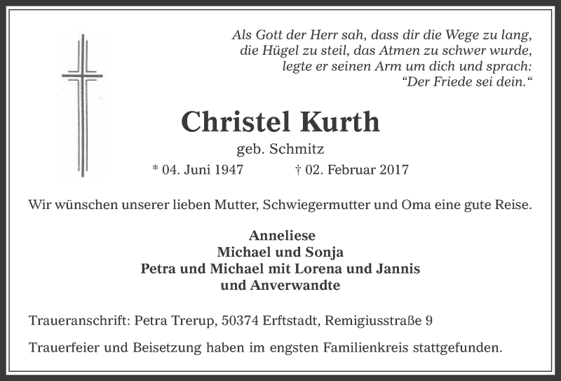  Traueranzeige für Christel Kurth vom 22.02.2017 aus  Schlossbote/Werbekurier 