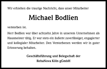 Anzeige von Michael Bodlien von Kölner Stadt-Anzeiger / Kölnische Rundschau / Express