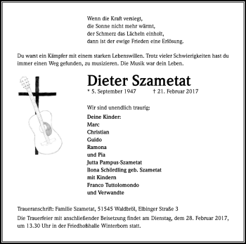 Anzeige von Dieter Szametat von Kölner Stadt-Anzeiger / Kölnische Rundschau / Express