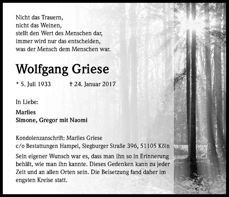  Traueranzeige für Wolfgang Griese vom 15.02.2017 aus Kölner Stadt-Anzeiger / Kölnische Rundschau / Express