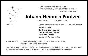 Anzeige von Johann Heinrich Pontzen von Kölner Stadt-Anzeiger / Kölnische Rundschau / Express