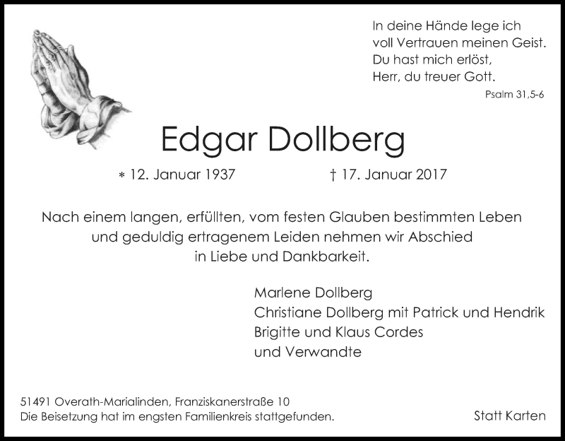  Traueranzeige für Edgar Dollberg vom 04.02.2017 aus Kölner Stadt-Anzeiger / Kölnische Rundschau / Express