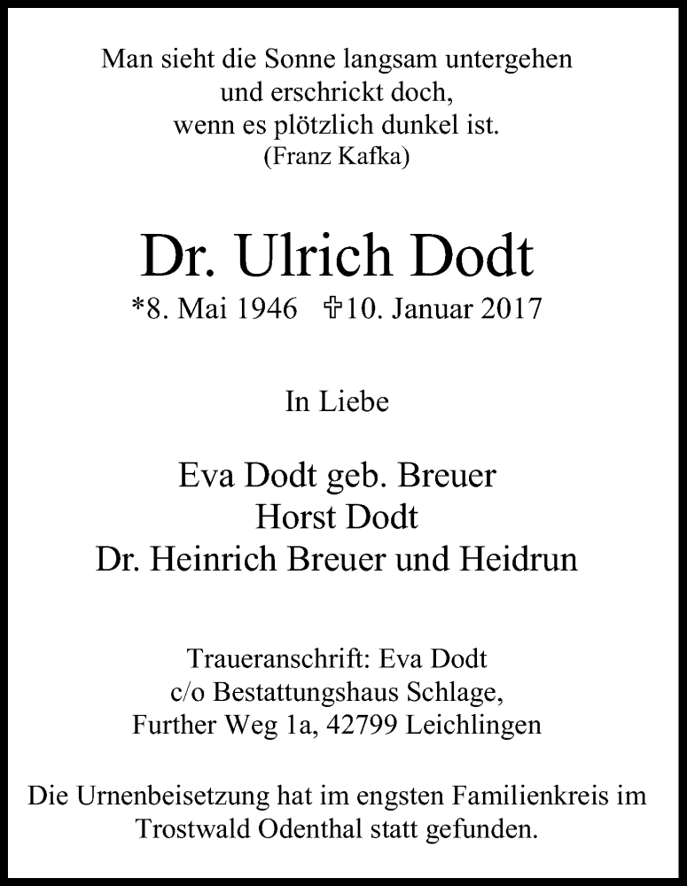  Traueranzeige für Ulrich Dodt vom 04.02.2017 aus Kölner Stadt-Anzeiger / Kölnische Rundschau / Express