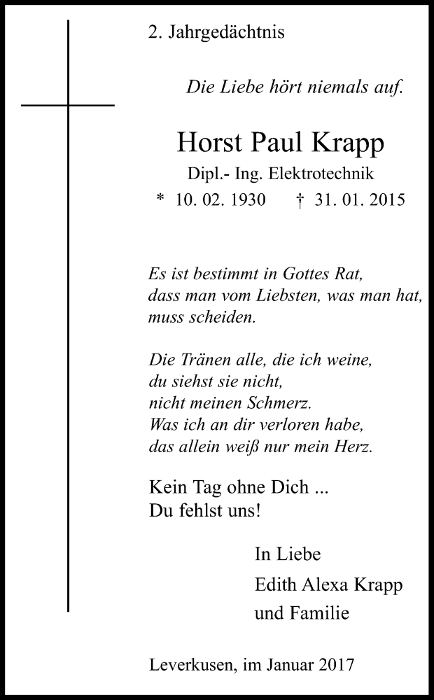  Traueranzeige für Horst Paul Krapp vom 04.02.2017 aus Kölner Stadt-Anzeiger / Kölnische Rundschau / Express