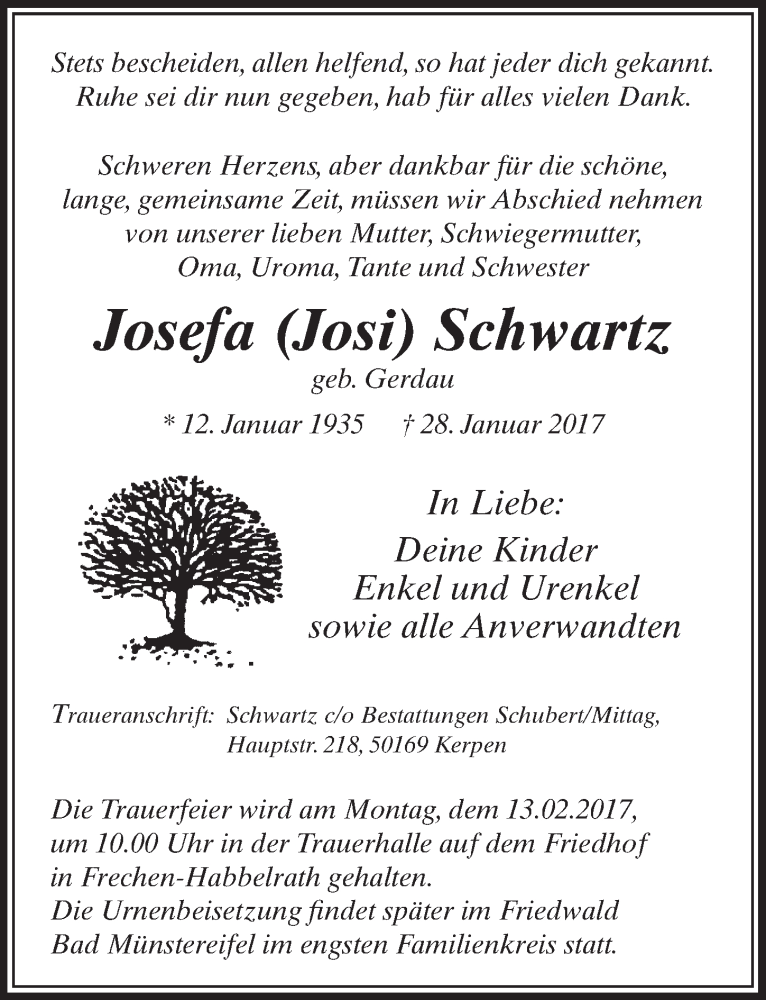  Traueranzeige für Josefa  Schwartz vom 11.02.2017 aus  Sonntags-Post 