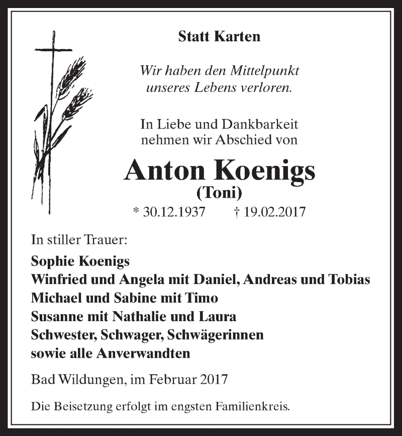  Traueranzeige für Anton Koenigs vom 25.02.2017 aus  Sonntags-Post 