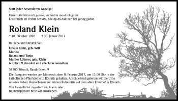 Anzeige von Roland Klein von Kölner Stadt-Anzeiger / Kölnische Rundschau / Express