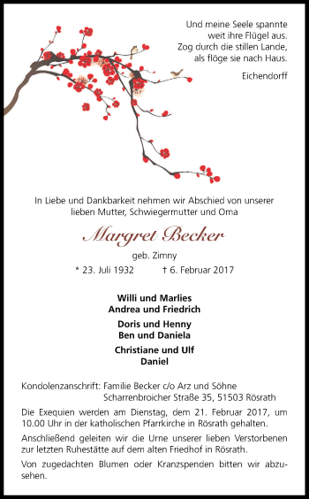Anzeige von Margret Becker von Kölner Stadt-Anzeiger / Kölnische Rundschau / Express