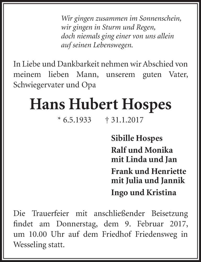  Traueranzeige für Hans Hubert Hospes vom 08.02.2017 aus  Schlossbote/Werbekurier 
