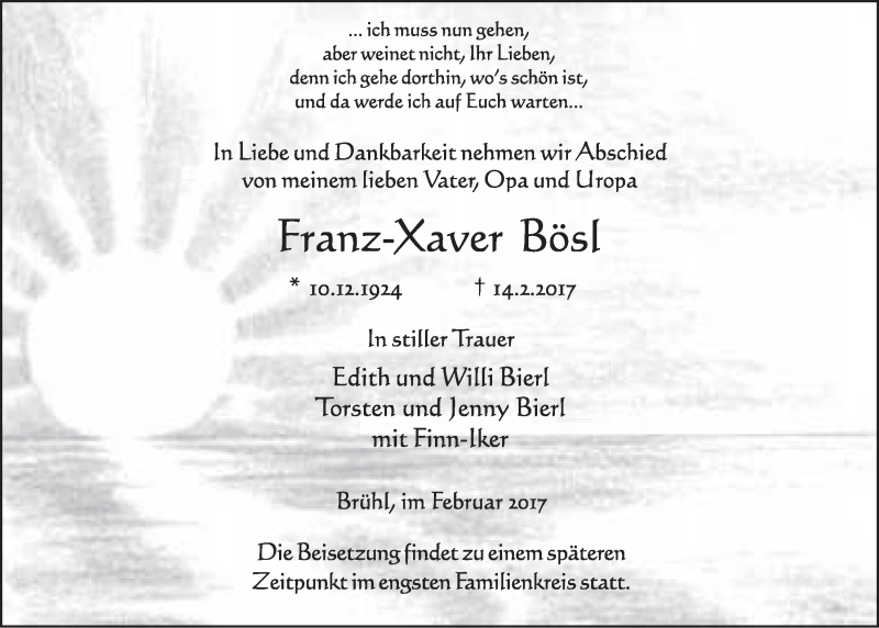  Traueranzeige für Franz-Xaver Bösl vom 22.02.2017 aus  Schlossbote/Werbekurier 