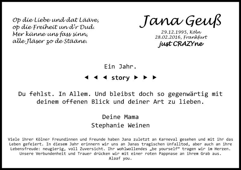 Traueranzeige für Jana Geuß vom 22.02.2017 aus Kölner Stadt-Anzeiger / Kölnische Rundschau / Express