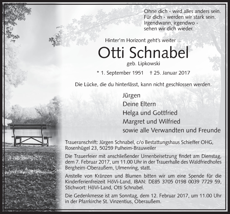  Traueranzeige für Otti Schnabel vom 04.02.2017 aus  Sonntags-Post 
