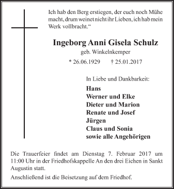 Anzeige von Ingeborg Anni Gisela Schulz von  Rhein-Sieg-Wochenende 
