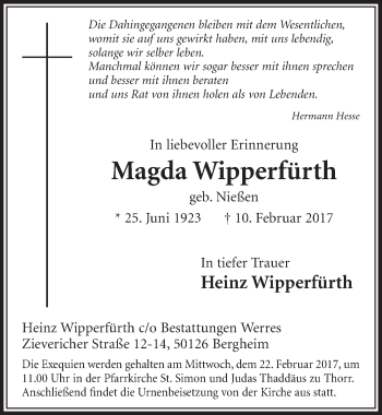 Anzeige von Magda Wipperfürth von  Sonntags-Post 