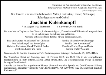 Anzeige von Joachim Kulenkampff von Kölner Stadt-Anzeiger / Kölnische Rundschau / Express