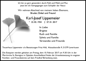Anzeige von Karl Josef Lippemeier von Kölner Stadt-Anzeiger / Kölnische Rundschau / Express