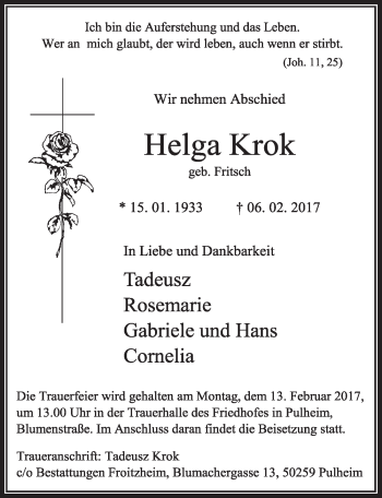 Anzeige von Helga Krok von  Sonntags-Post 