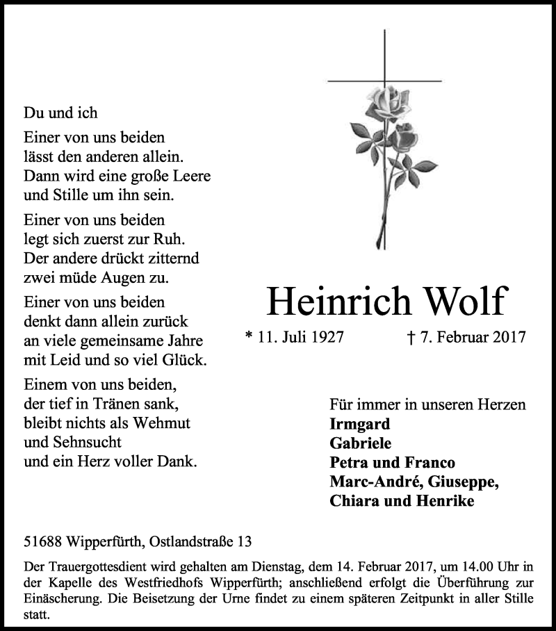  Traueranzeige für Heinrich Wolf vom 11.02.2017 aus Kölner Stadt-Anzeiger / Kölnische Rundschau / Express