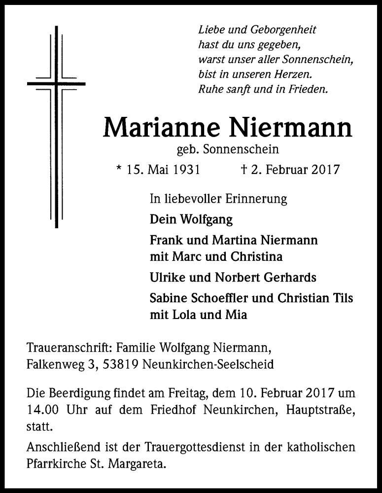  Traueranzeige für Marianne Niermann vom 07.02.2017 aus Kölner Stadt-Anzeiger / Kölnische Rundschau / Express
