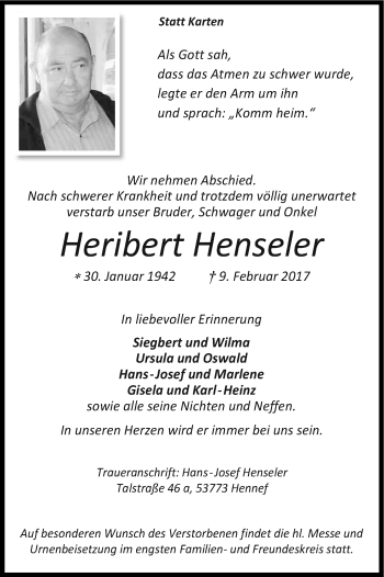 Anzeige von Heribert Henseler von Kölner Stadt-Anzeiger / Kölnische Rundschau / Express
