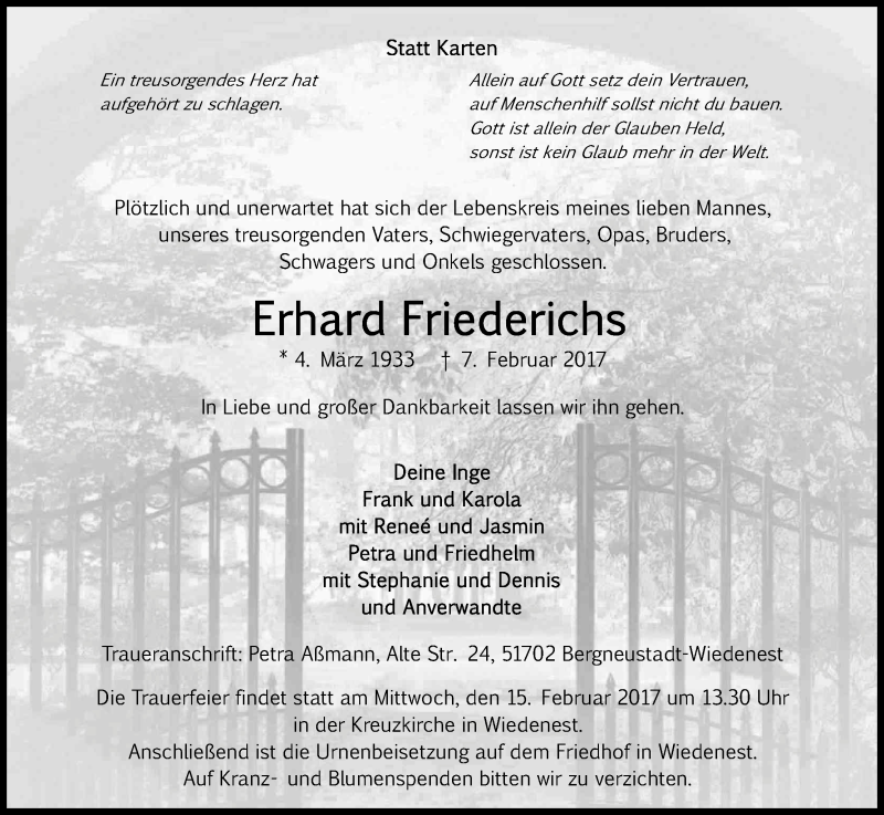  Traueranzeige für Erhard Friederichs vom 11.02.2017 aus Kölner Stadt-Anzeiger / Kölnische Rundschau / Express
