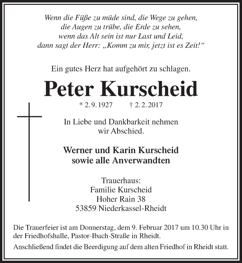  Traueranzeige für Peter Kurscheid vom 08.02.2017 aus  Extra Blatt 