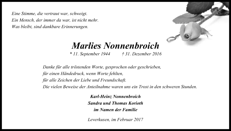  Traueranzeige für Marlies Nonnenbroich vom 11.02.2017 aus Kölner Stadt-Anzeiger / Kölnische Rundschau / Express