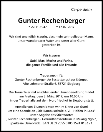 Anzeige von Gunter Rechenberger von Kölner Stadt-Anzeiger / Kölnische Rundschau / Express