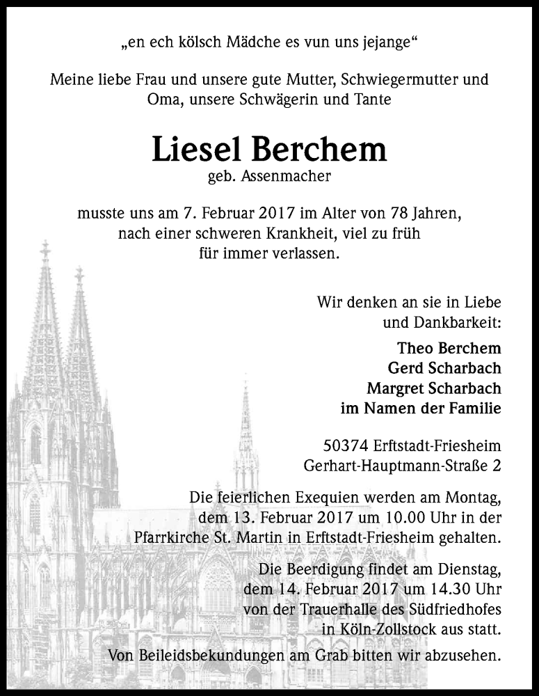  Traueranzeige für Liesel Berchem vom 11.02.2017 aus Kölner Stadt-Anzeiger / Kölnische Rundschau / Express