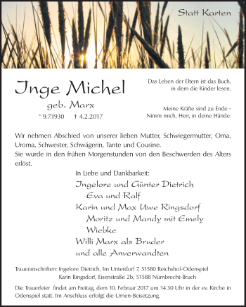 Anzeige von Inge Michel von  Lokalanzeiger 